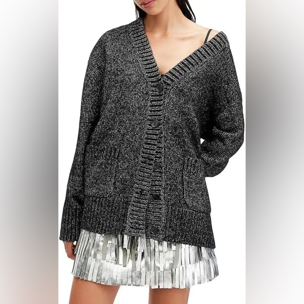 AllSaints Sabrina Metallic Merino Wool Blend Cardigan